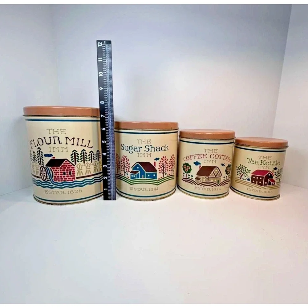 Vintage Nesting Metal Tin Canister Set of 4 Country Inn Farmhouse Folk Art